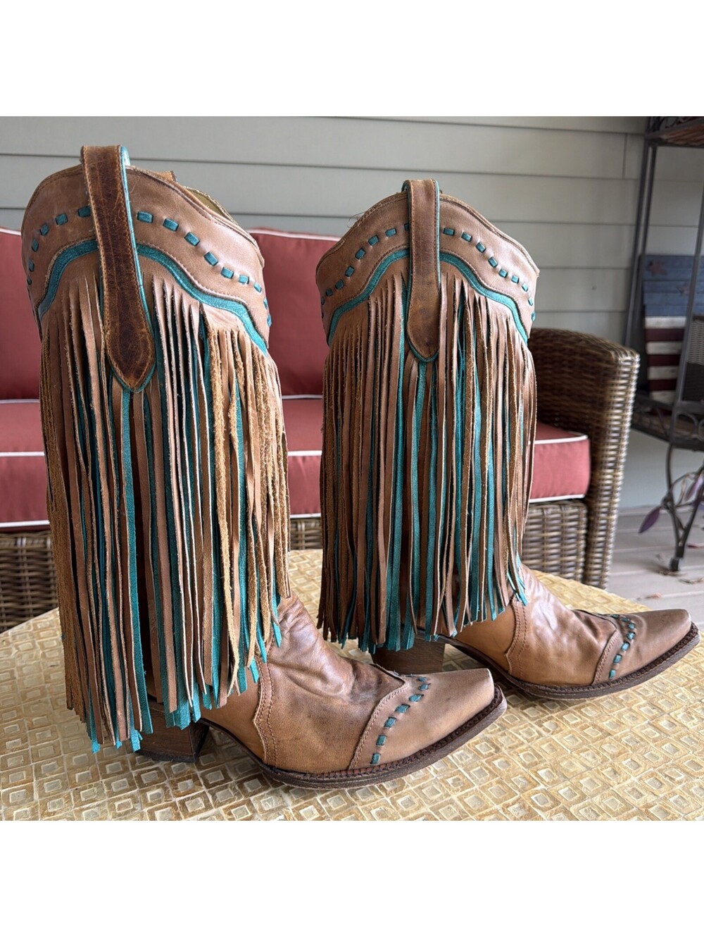 Corral Vintage Fringe Leather Tan & Turquoise Women’s Size 10M Cowboy Boots